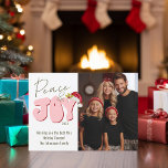 Peace Joy Retro Font 1 Photo Cute Family Christmas Holiday Card<br><div class="desc">This festive Peace & Joy design was created using a fun modern script font and my hand lettered block font in a retro 80's style in pale pink and red topped off with my hand painted Santa hat with holly and berries to make your family photo shine as the star....</div>