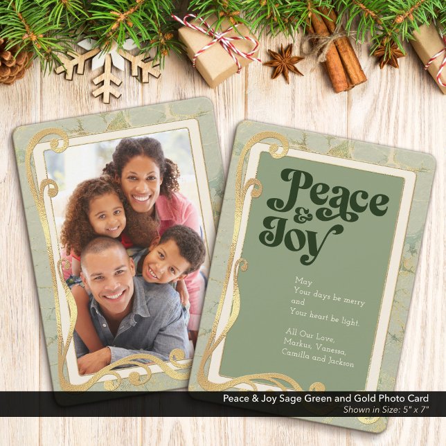 Peace & Joy Sage Green and Gold Photo Card (Peace & Joy, Sage Green and Gold Holiday Photo Greeting Card)