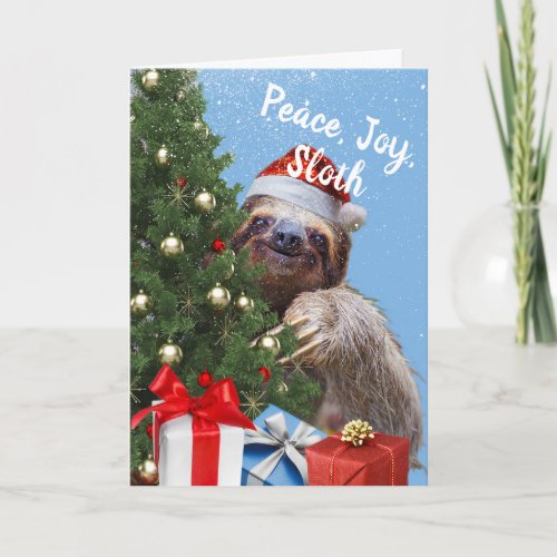 Peace Joy Sloth Christmas Sloth in Santa Hat Card