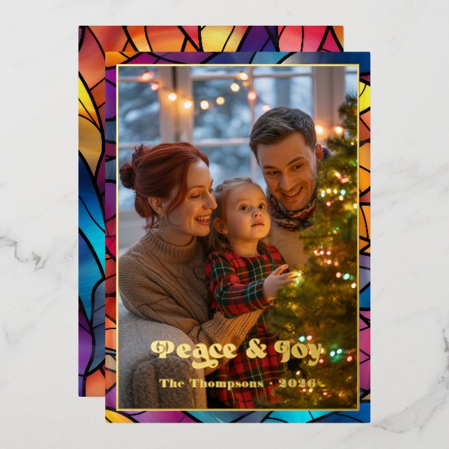 Peace & Joy Stained Glass Window Christmas Photo Foil Holiday Card (Front/Back)