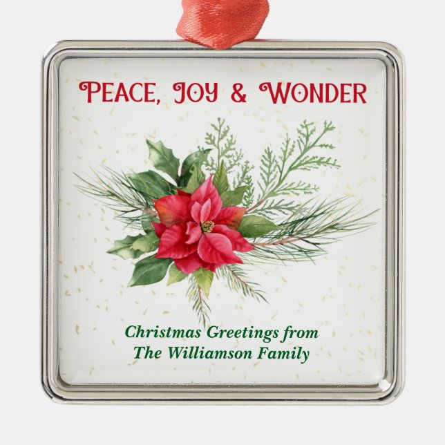 Peace Joy & Wonder Red Poinsettia Christmas Metal Ornament (Front)