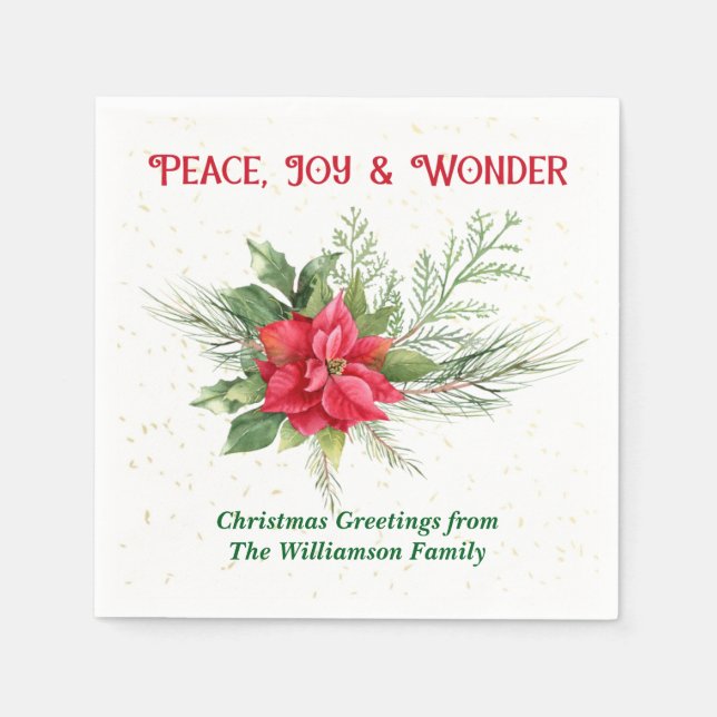 Peace Joy & Wonder Red Poinsettia Christmas Napkins (Front)