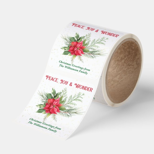 Peace Joy & Wonder Red Poinsettia Christmas Square Sticker (Roll)