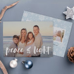 Peace & Light | Hanukkah Photo Card<br><div class="desc">Modern Hanukkah photo cards feature your favorite horizontal or portrait oriented image with "peace and light" overlaid in white hand lettered brush typography. Add your names and the year beneath,  and customize the snowflake patterned back with three additional photos and a personal message.</div>