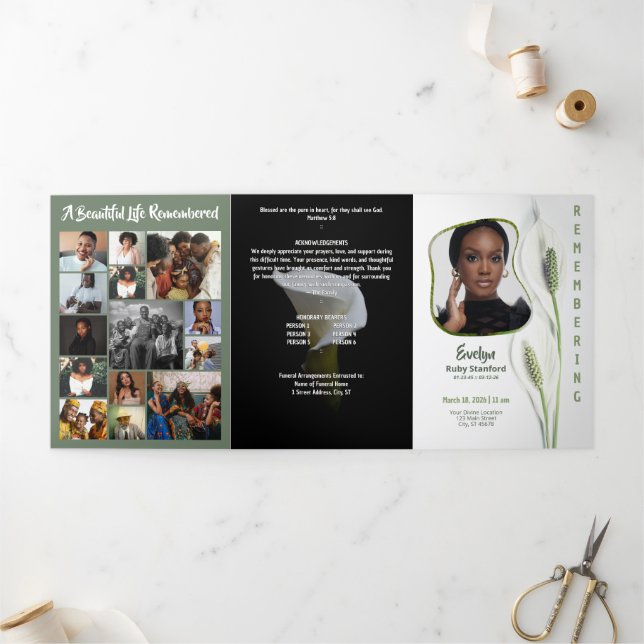 Peace Lily Modern Frame 35‑Photo Funeral Tri-Fold Program (Outside)