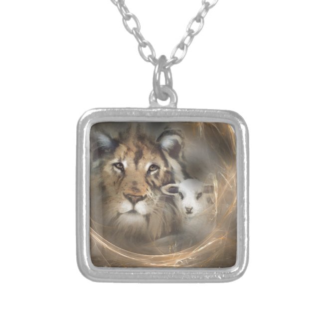 Peace "lion lamb" religious christion gifts Jesus Silver Plated Necklace (Front)