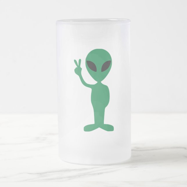 Peace Little Green Man Alien Silhouette Frosted Glass Beer Mug (Center)