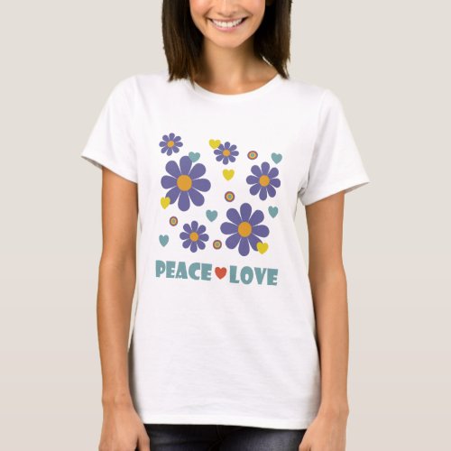 Peace Love 1970s Purple Flowers T_Shirt