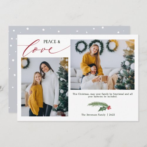 Peace love 2 photos gray green watercolor holiday card