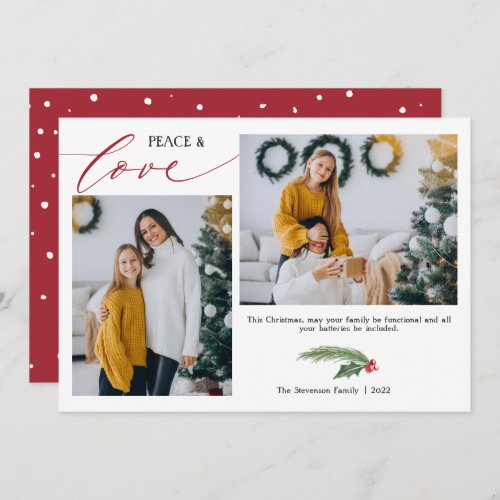 Peace love 2 photos red green watercolor holiday card