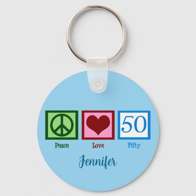 Peace Love 50th Birthday Cute Party Keychain (Front)