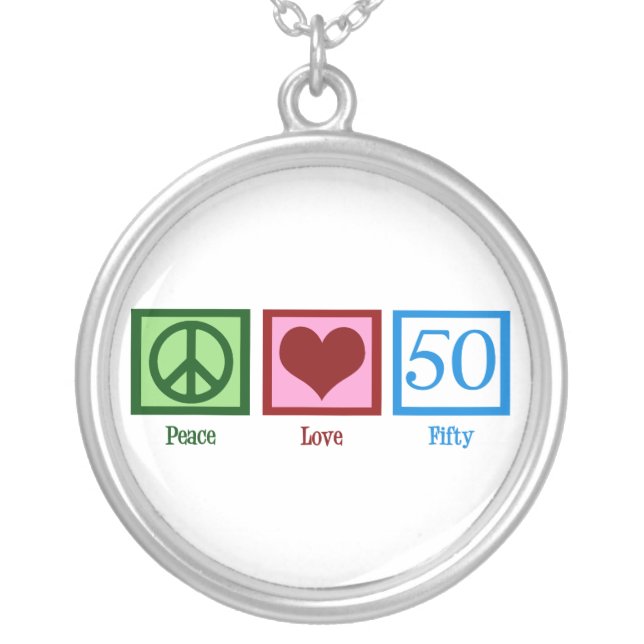 Peace Love 50th Birthday Cute Party Silver Plated Necklace (Front)