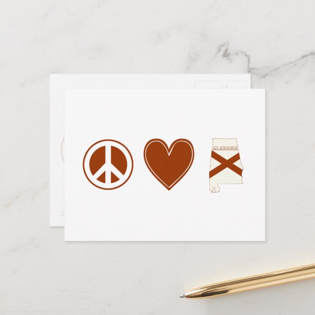 Peace Love Alabama Map Shaped State Flag Red Heart Postcard (Front/Back In Situ)