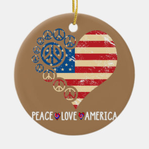 Peace Love America Heart Patriotic Usa Flag 4th Ceramic Ornament
