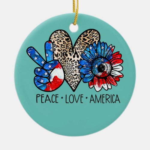 Peace Love America Leopard Sunflower 4th Of July Ceramic Ornament