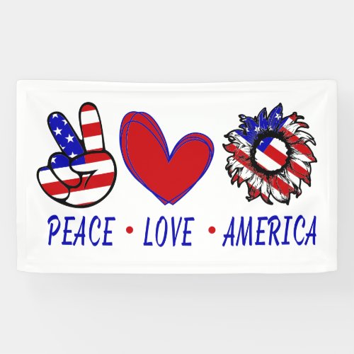 Peace Love America Patriotic Flag Heart Sunflower Banner