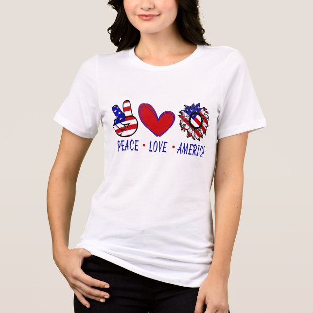 Peace Love America Patriotic Flag Heart Sunflower Tri-Blend Shirt (Front)