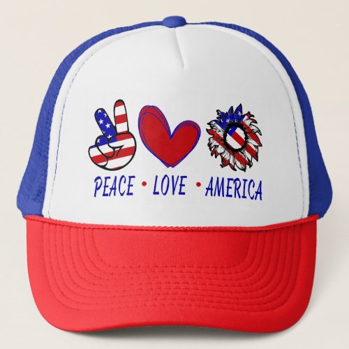 Peace Love America Patriotic Flag Heart Sunflower Trucker Hat