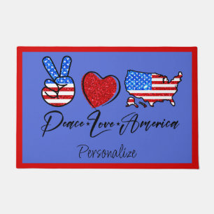 Peace Love America Quote Flag Heart Peace Sign USA Doormat