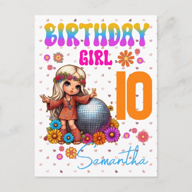 Peace, Love, and Birthday Vibes Hippie Girl  Postcard (Front)