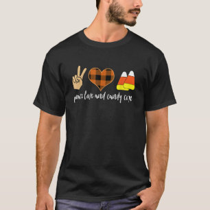 Peace Love and Candy Corn Plaid Hippie Halloween T-Shirt