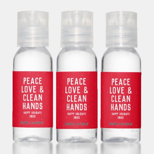 Peace love and clean hands red holiday hand sanitizer
