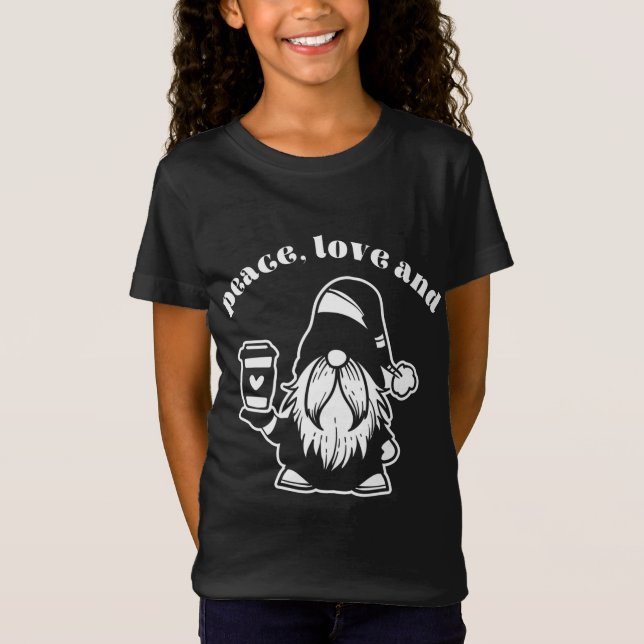 Peace, Love and Coffee Latte Gnome Fun Winter T-Shirt (Front)