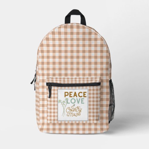 Peace Love and Country Music Gingham Printed Backpack