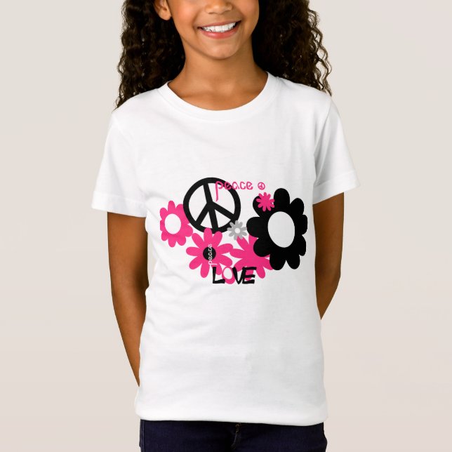 Peace Love and Flowers hot pink and black T-Shirt (Front)
