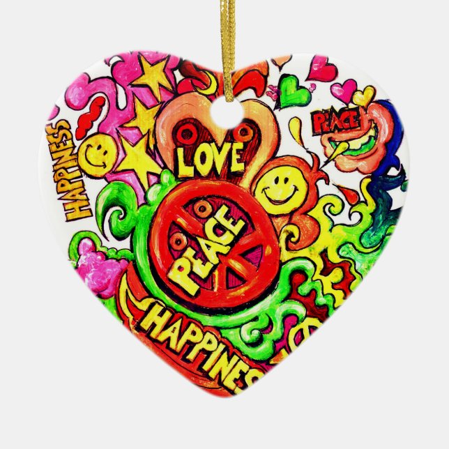 Peace, Love and Happiness Ceramic Ornament (Front)