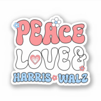 Peace Love and Harris Walz Retro Hippie Style Sticker