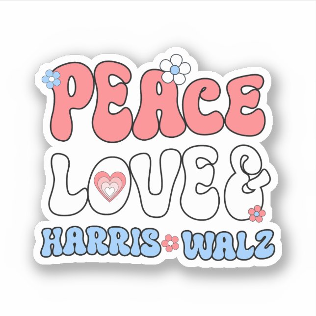 Peace Love and Harris Walz Retro Hippie Style Sticker (Front)
