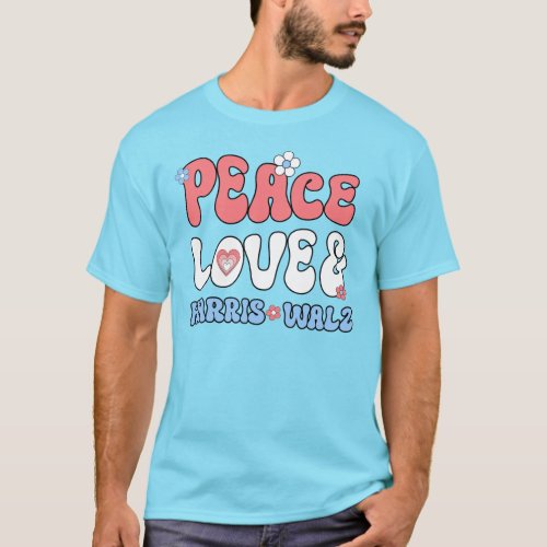 Peace Love and Harris Walz Retro Hippie Style T_Shirt