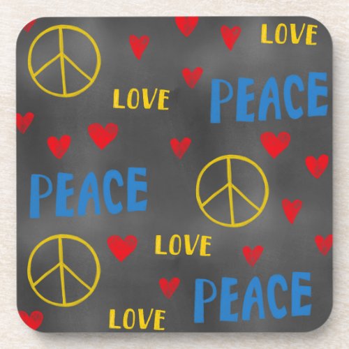 Peace Love and Hearts Chalk Pattern on Blackboard Beverage Coaster