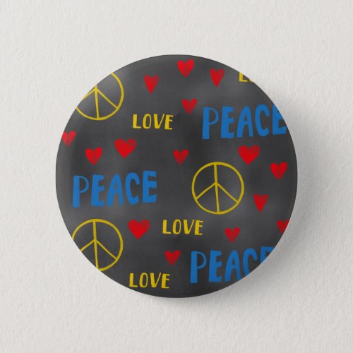 Peace Love and Hearts Chalk Pattern on Blackboard Button