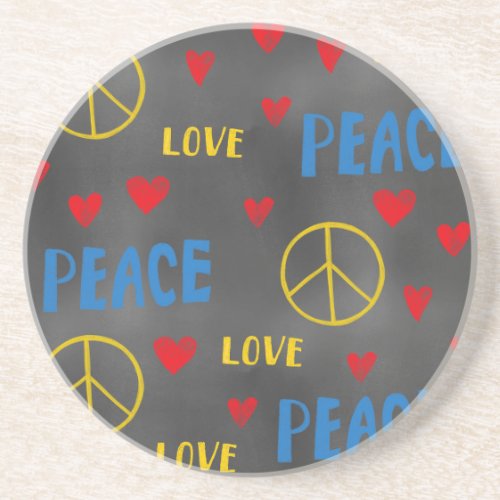Peace Love and Hearts Chalk Pattern on Blackboard Coaster