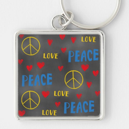 Peace Love and Hearts Chalk Pattern on Blackboard Keychain