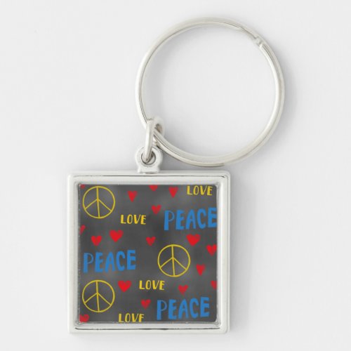 Peace Love and Hearts Chalk Pattern on Blackboard Keychain