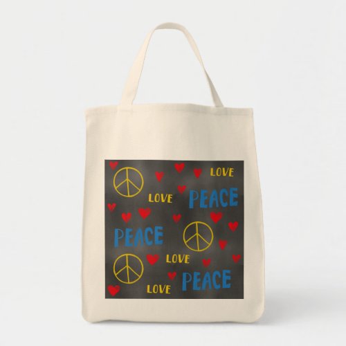 Peace Love and Hearts Chalk Pattern on Blackboard Tote Bag