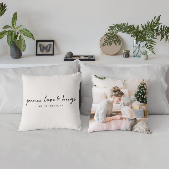 Peace Love and Hugs | Minimal Christmas Photo Throw Pillow (Creator Uploaded)
