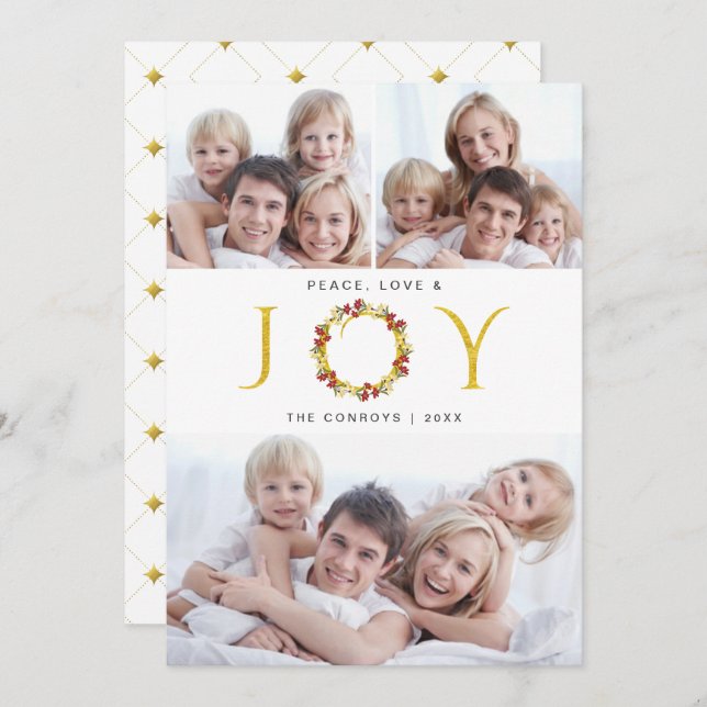 Peace Love and Joy 3-Photo Faux Foil Holiday Card (Front/Back)