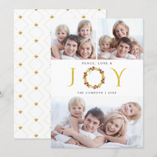 Peace Love and Joy 3-Photo Faux Foil Holiday Card