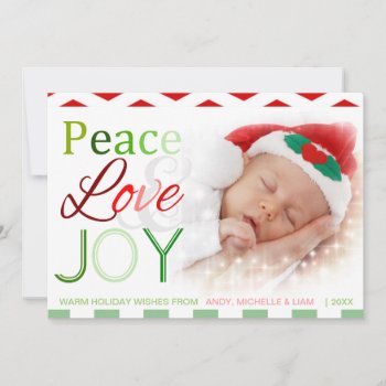 Peace Love And Joy Christmas Custom Photo Card by PeachyPrints at Zazzle