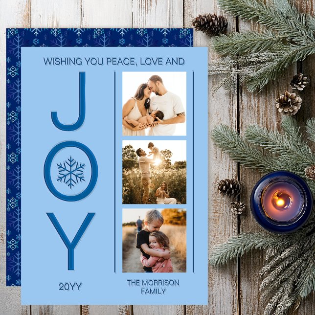Peace Love and Joy Christmas Holiday Letterpress Photo Cards (Festive Peace, Love and Joy 3 Photo Snowflakes Modern Design Letterpress Photo Card - Blue on Blue)