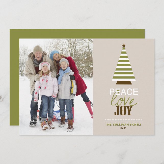 Peace Love and Joy Christmas Tree Green Photo Holiday Card (Front/Back)
