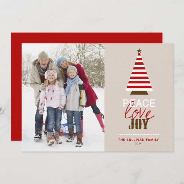 Peace Love and Joy Christmas Tree Red Photo Holiday Card (Front/Back)