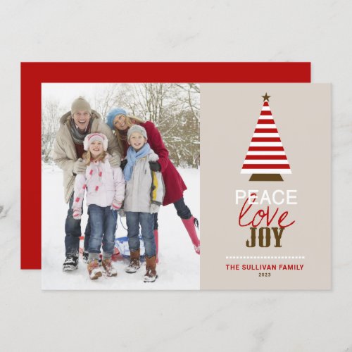 Peace Love and Joy Christmas Tree Red Photo Holiday Card