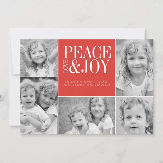 Peace, Love and Joy Collage Holiday Photo Card (Front)