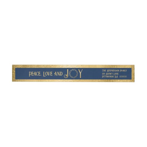 Peace Love and Joy Faux Gold Wreath _  Dark Blue Wrap Around Label