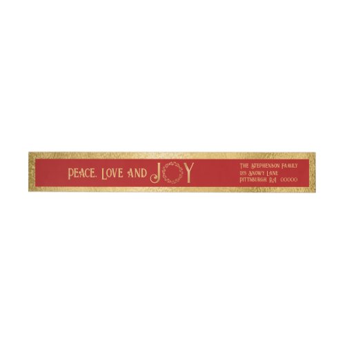 Peace Love and Joy Faux Gold Wreath _  Red Wrap Around Label